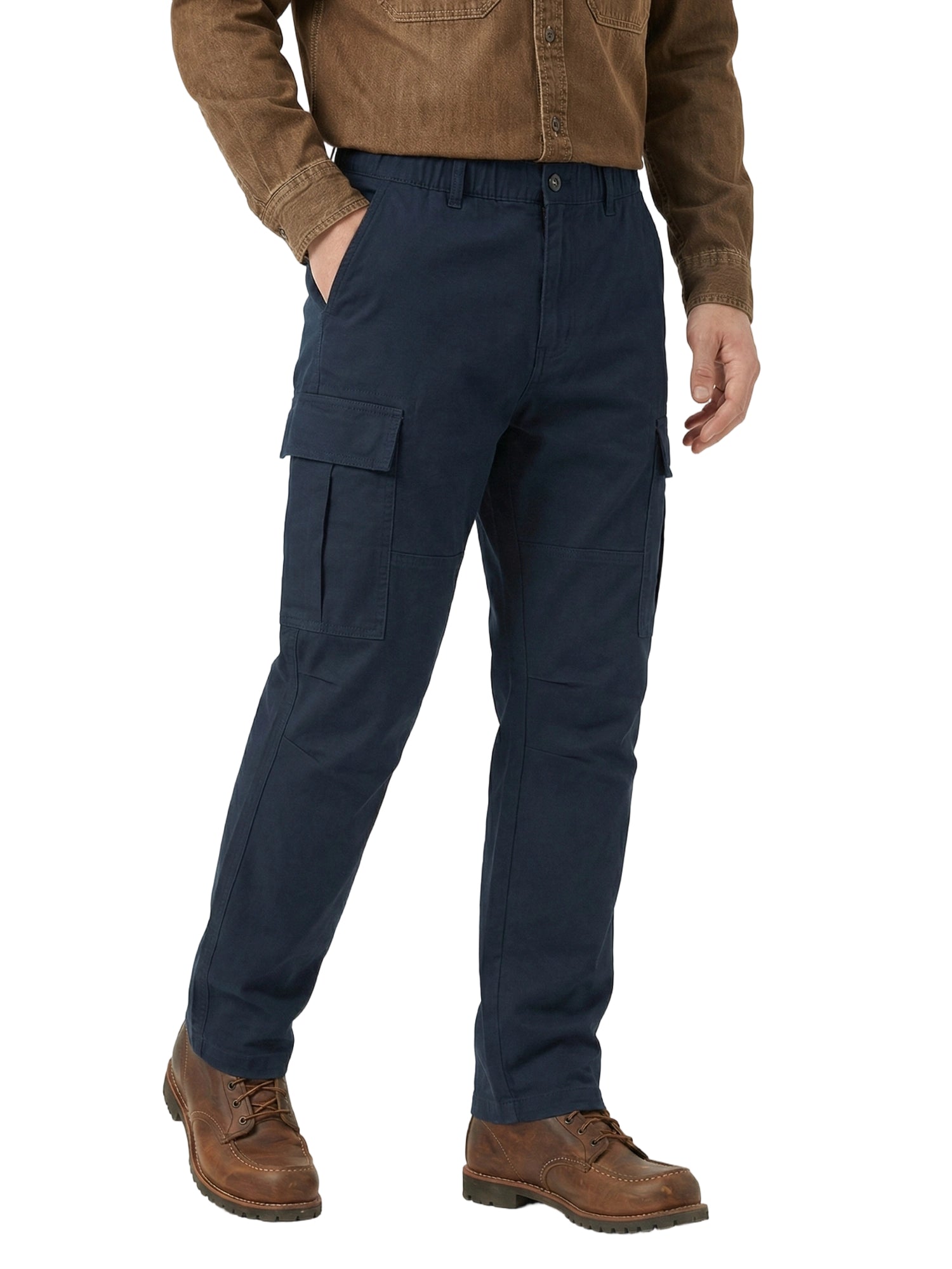Men's Heavyweight Cargo Pants Regular Fit 100% Cotton Multi-Pocket Work Trousers with Elastic Waist