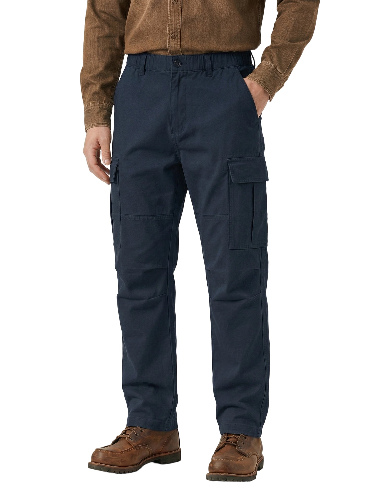 Men's Heavyweight Cargo Pants Regular Fit 100% Cotton Multi-Pocket Work Trousers with Elastic Waist