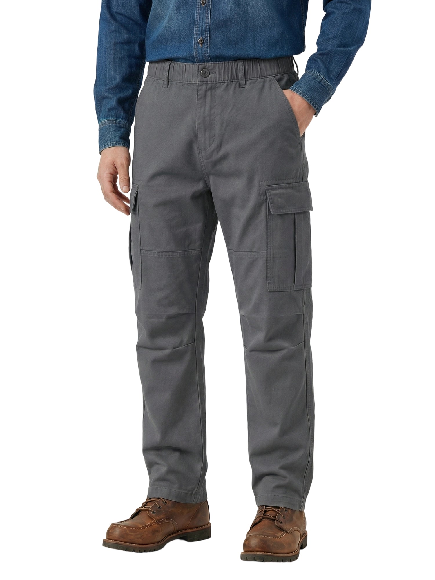 Men's Heavyweight Cargo Pants Regular Fit 100% Cotton Multi-Pocket Work Trousers with Elastic Waist
