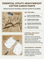 Men's Heavyweight Cargo Pants Regular Fit 100% Cotton Multi-Pocket Work Trousers with Elastic Waist