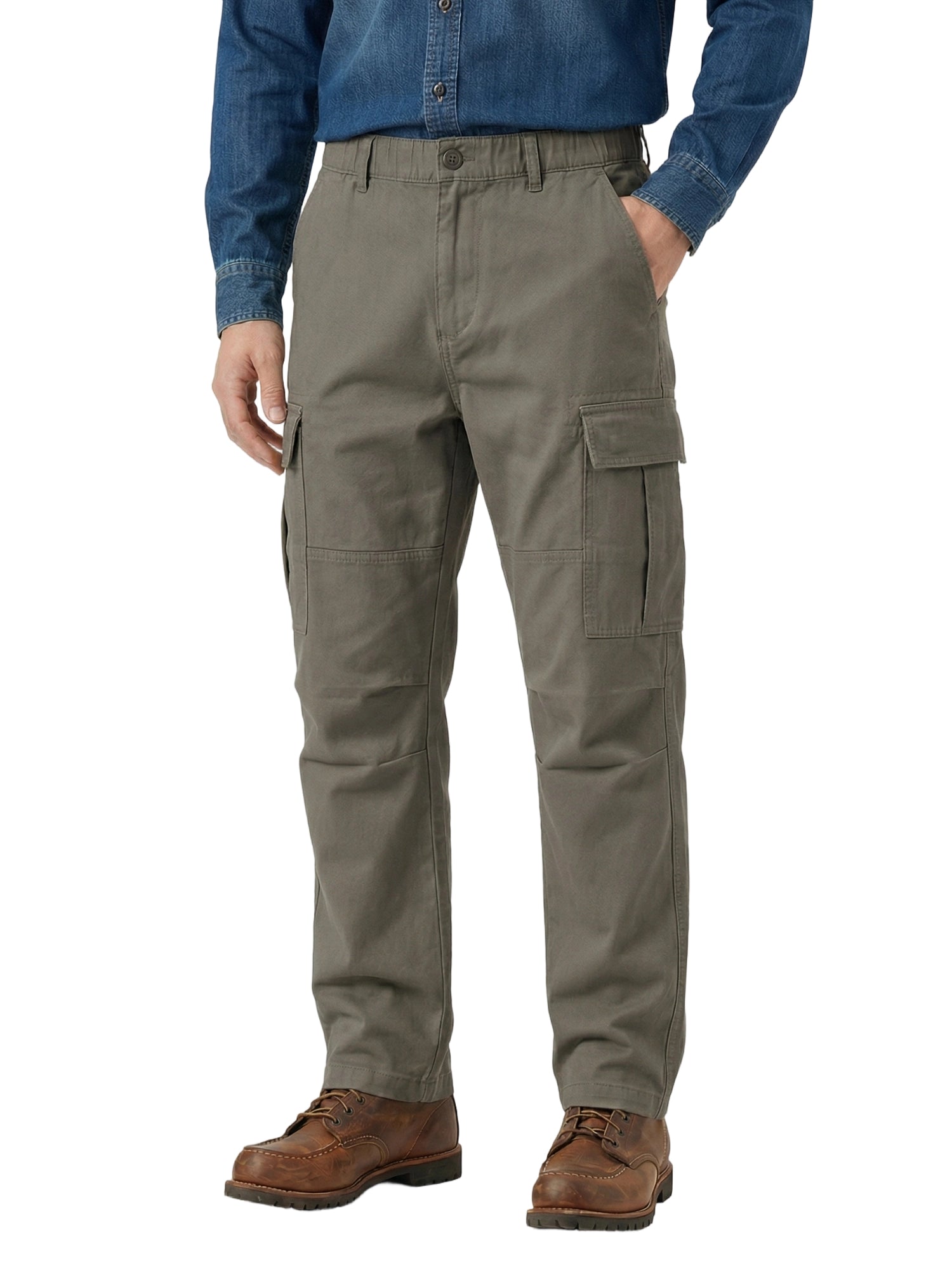Men's Heavyweight Cargo Pants Regular Fit 100% Cotton Multi-Pocket Work Trousers with Elastic Waist