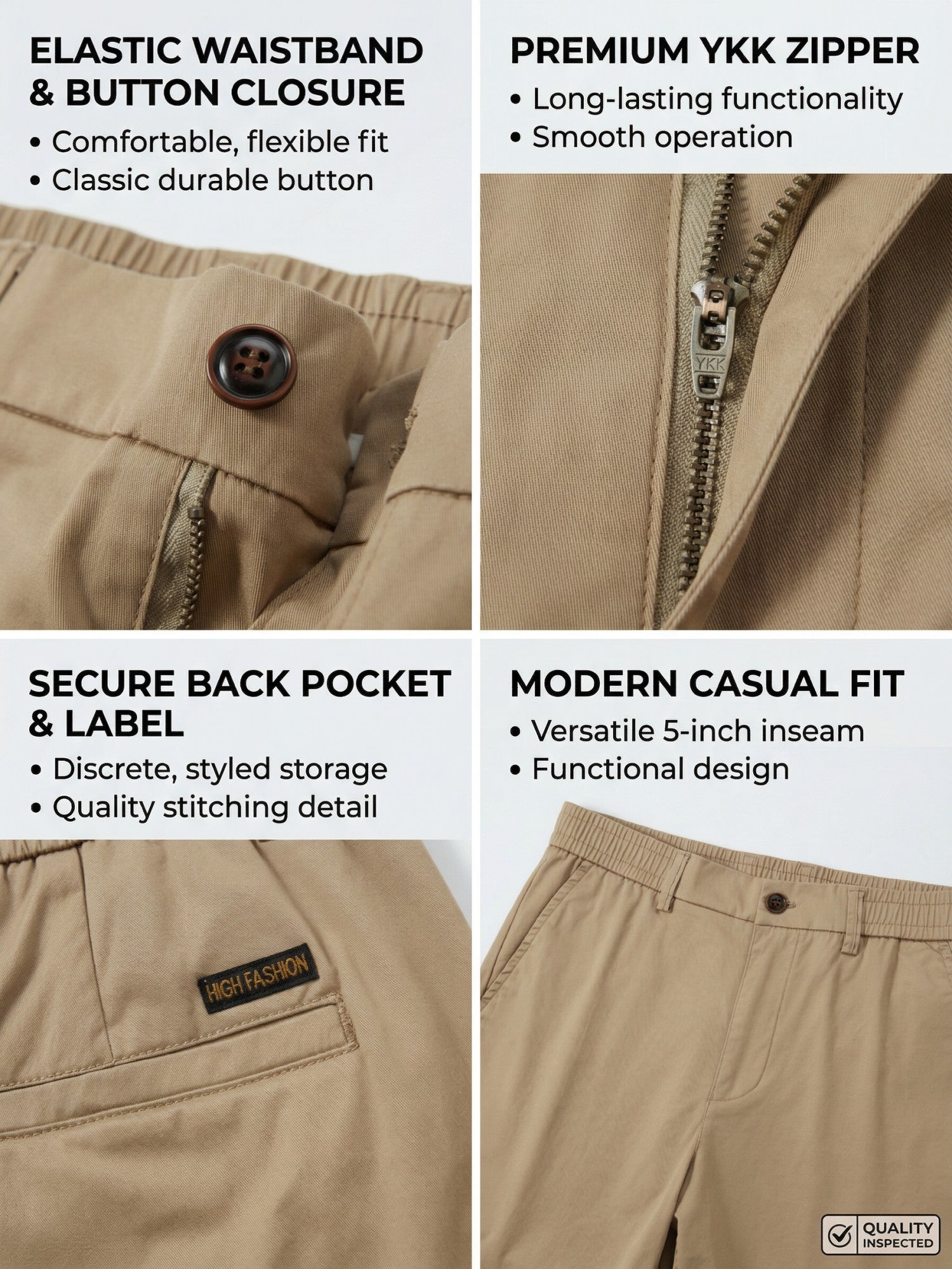 MEILIHUA Men's Stretch Cotton Chino Shorts 5-Pack, Casual Flex Elastic Waist Flat Front Summer Shorts with Pockets (White, Khaki, Black, Grey, Olive)