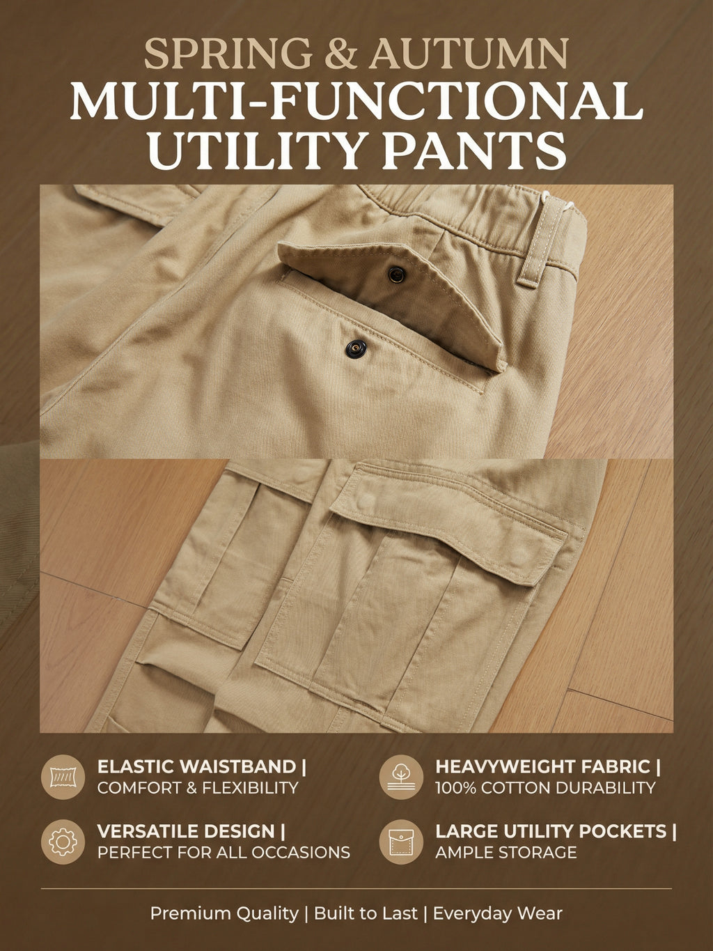 Men's Heavyweight Cargo Pants Regular Fit 100% Cotton Multi-Pocket Work Trousers with Elastic Waist