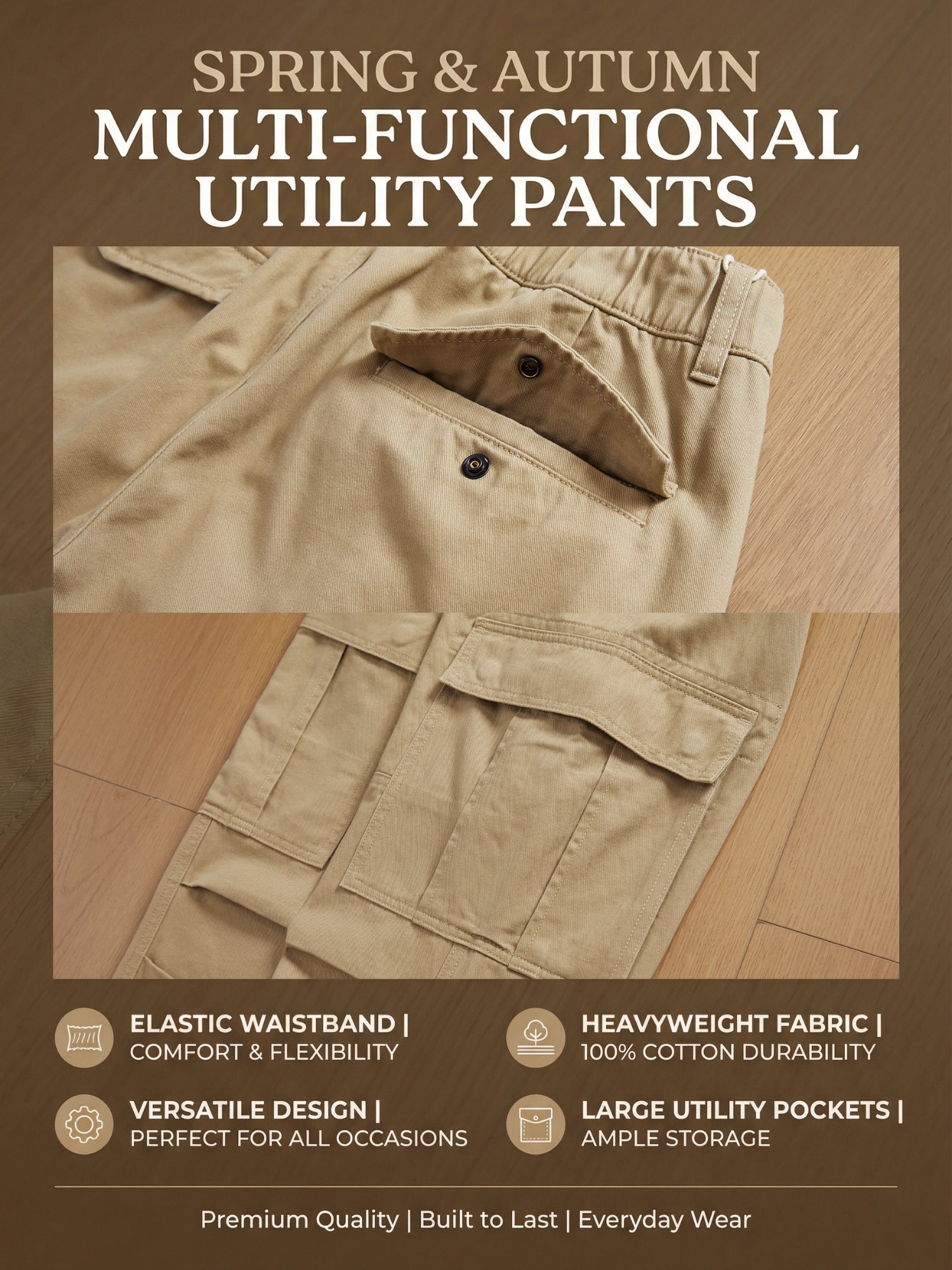 Men's Heavyweight Cargo Pants Regular Fit 100% Cotton Multi-Pocket Work Trousers with Elastic Waist
