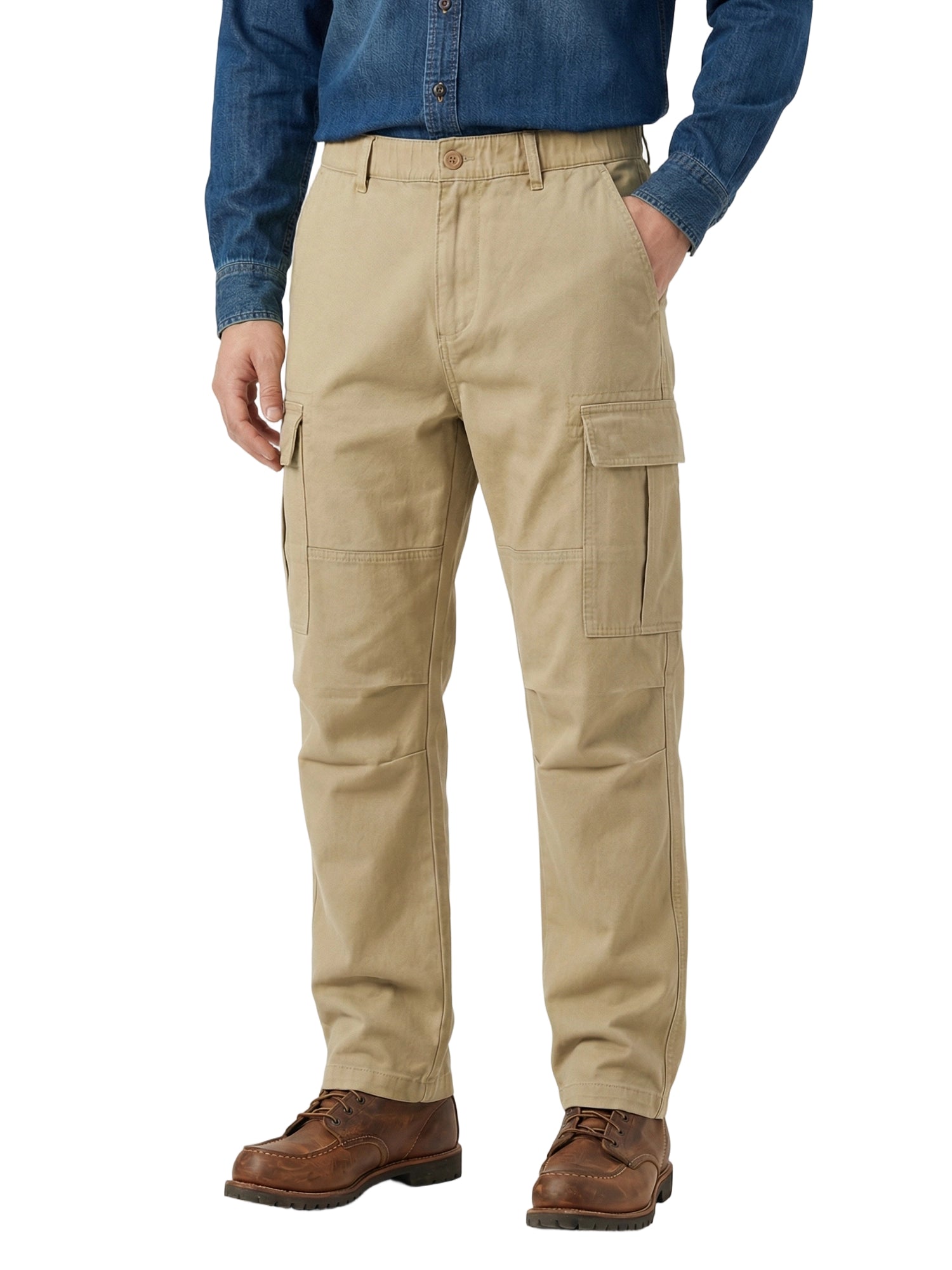 Men's Heavyweight Cargo Pants Regular Fit 100% Cotton Multi-Pocket Work Trousers with Elastic Waist